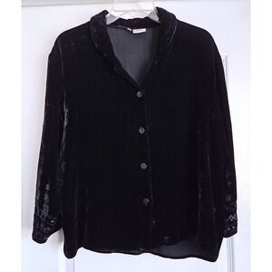 Loungerie Black Silk Blend Velvet Embroidered Cuff Button Blouse Top SM/MED VTG